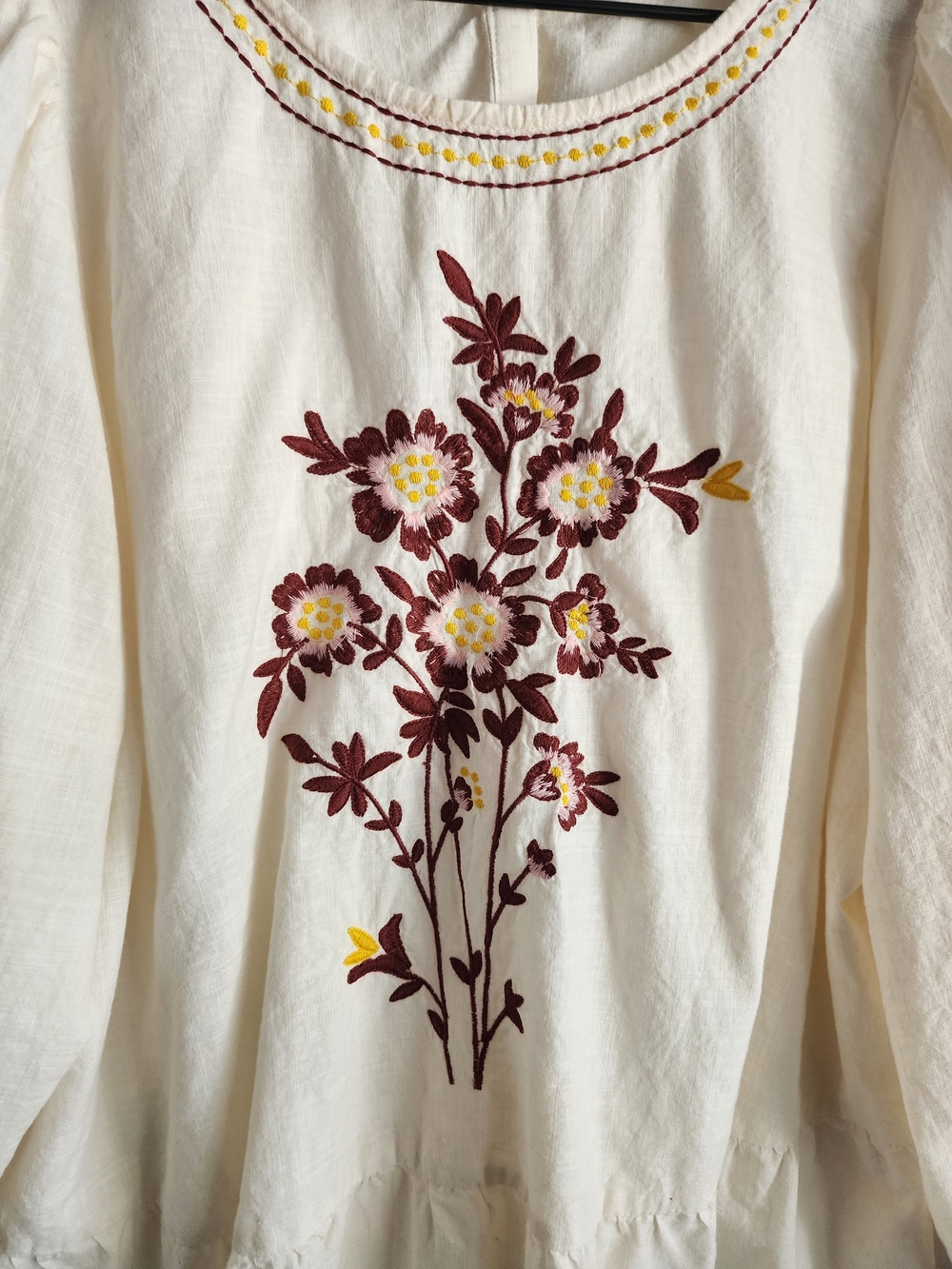 LOFT Cream Peasant Blouse with Burgundy, Pink and Yellow Floral Embroidery - Picture 2 of 13